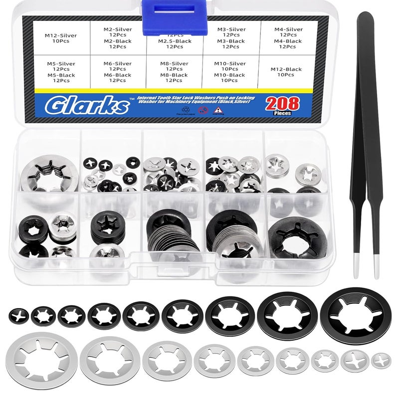 Glarks 209pcs 65Mn-Steel Internal Tooth Star Lock Washer and 304 Stainless Steel Quick Speed Locking Washer Assortment Kit 9 Sizes Push on Locking Washers with Tweezers for Machinery Manufacturing - Image 1